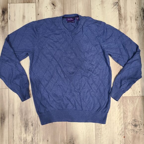 Alan Flusser Sweater Men Size L Blue Cotton Cashmere V-Neck - Picture 1 of 5